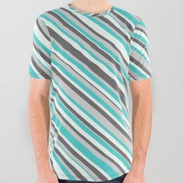 [ Thumbnail: Dim Grey, Light Grey, Turquoise & Mint Cream Colored Striped Pattern All Over Graphic Tee ]
