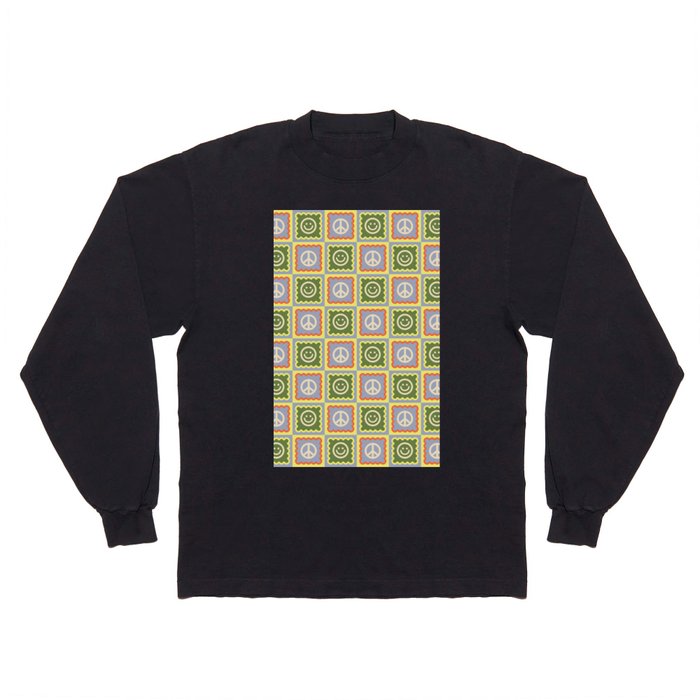 Funky Checkered Smileys and Peace Symbol Pattern \\ Multicolor Long Sleeve T Shirt