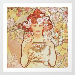 Rose by Alphonse Mucha 1897 // Vintage Girl with Red Hair Floral Love Design Art Print