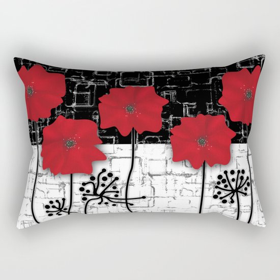 Applique Poppies on black and white background . Rectangular Pillow