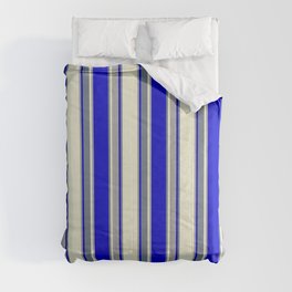 [ Thumbnail: Beige, Dark Grey, Blue, and Slate Gray Colored Pattern of Stripes Comforter ]