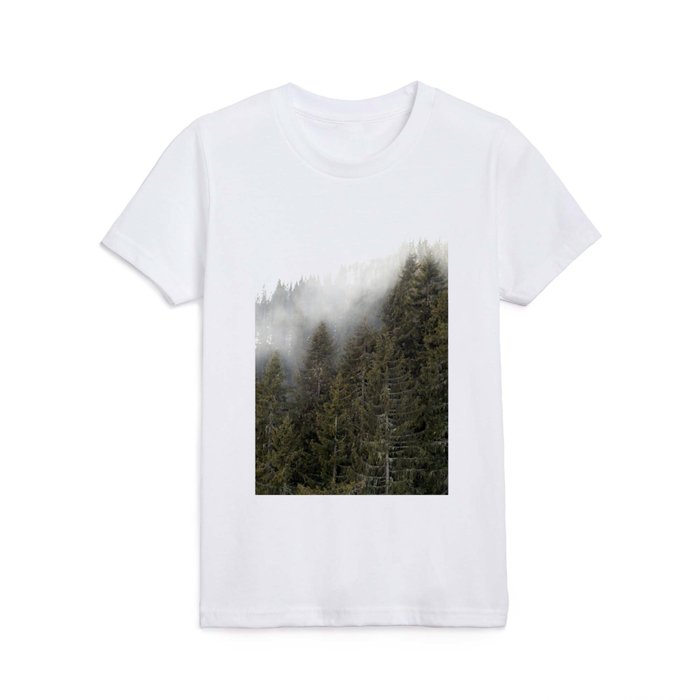 Pine Tree Tops Treeline | Alps Mountainside Foggy Background Kids T Shirt