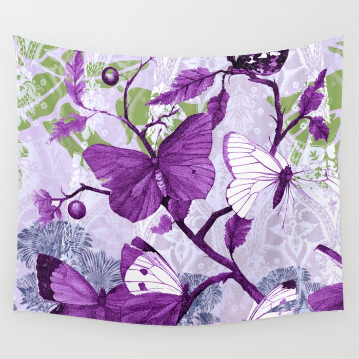 Purple Butterflies on a Branch Vintage Floral Wall Tapestry