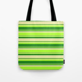 [ Thumbnail: Light Green, Forest Green, and Pale Goldenrod Colored Lines Pattern Tote Bag ]