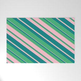 [ Thumbnail: Sea Green, Pink, and Teal Colored Stripes/Lines Pattern Welcome Mat ]