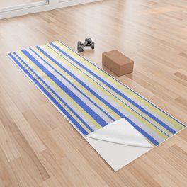 [ Thumbnail: Tan, Lavender & Royal Blue Colored Striped/Lined Pattern Yoga Towel ]
