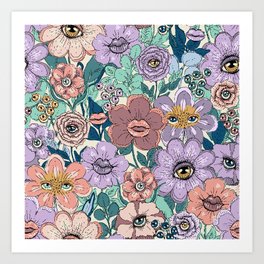 Psychedelic retro flowers with eyes Art Print