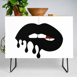 Black melting lipstick on bitting woman lips. Vector art print. Fashion pattern Credenza