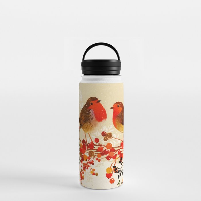 Red Gold Winter Birds Holly Berry Branches Watercolor Water Bottle