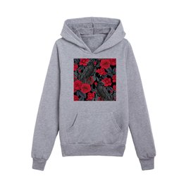 Ravens and red roses with gray leaves Kids Pullover Hoodies