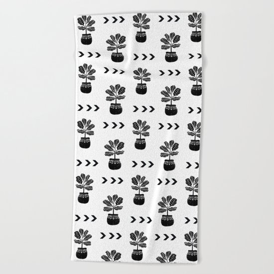 Fiddle Leaf Fig tree linocut black and white minimal modern lino carving monochromatic trendy art Beach Towel
