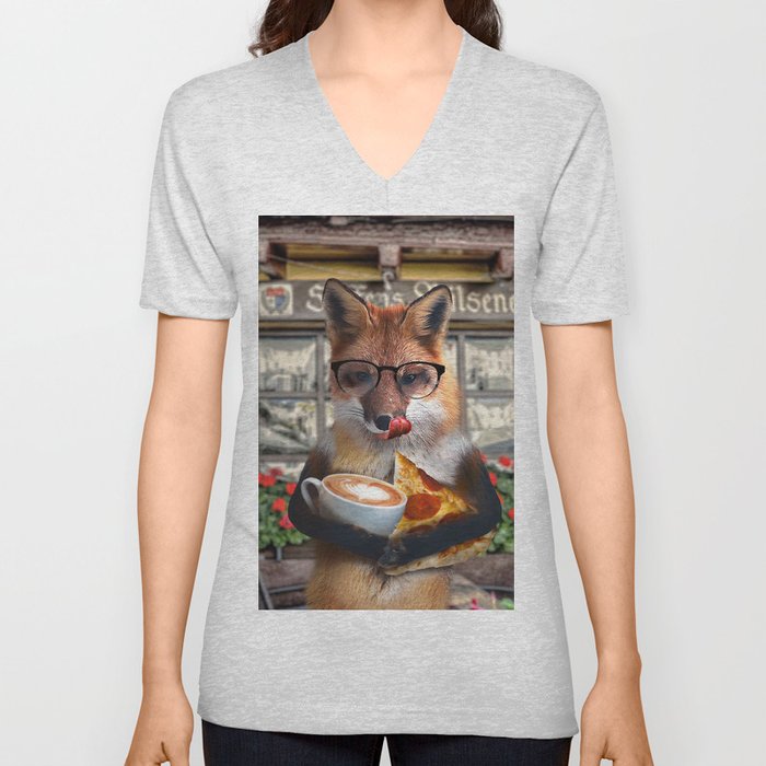 Fox Wearing Glasses Eating Pizza Drinking Coffee V Neck T Shirt