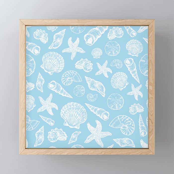 Seashell Print - Light Blue and White Framed Mini Art Print