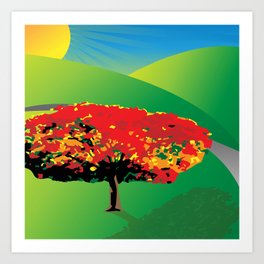 Red Flamboyant Tree Art Print | Vector, Landscape, Illustration, Digital 