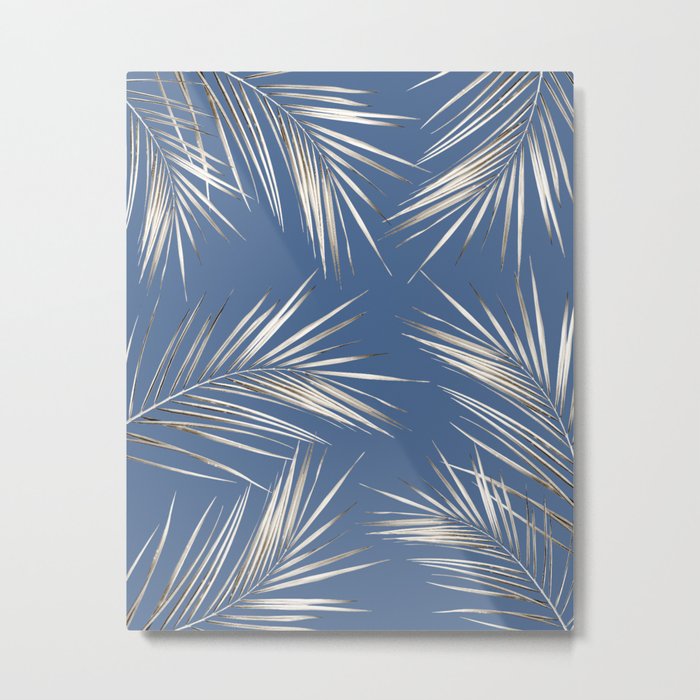 White Gold Palm Leaves on Ocean Blue Metal Print