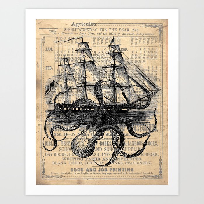 Octopus Kraken attacking Ship Antique Almanac Paper Kunstdrucke Octopus Kraken attacking Ship Antique Almanac Paper Kunstdrucke