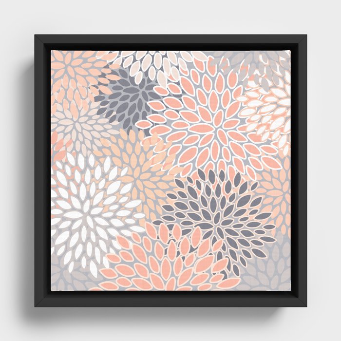 Flowers Abstract Print, Coral, Peach, Gray Framed Canvas