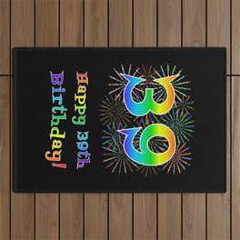 [ Thumbnail: 39th Birthday - Fun Rainbow Spectrum Gradient Pattern Text, Bursting Fireworks Inspired Background Outdoor Rug ]