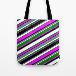[ Thumbnail: Eyecatching Slate Gray, White, Green, Fuchsia, and Black Colored Striped Pattern Tote Bag ]