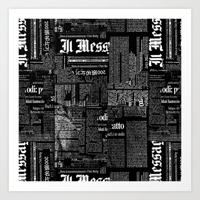Black And White Collage Of Grunge Newspaper Fragments Art Print