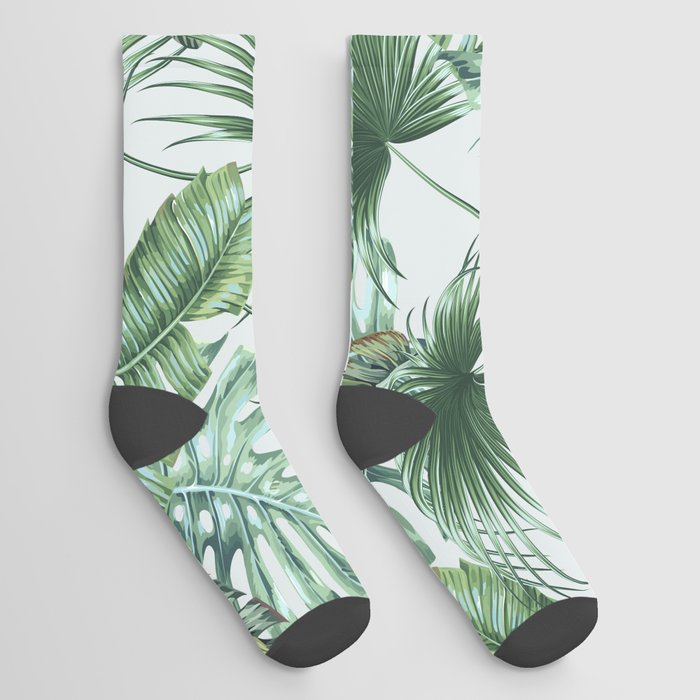 Tropical palm leaves, monstera, banana leaf, jungle foliage floral seamless pattern, summer background. Vintage botanical exotic illustration wallpaper.  Socks