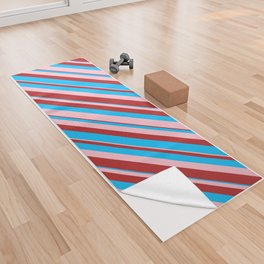 [ Thumbnail: Deep Sky Blue, Pink, and Red Colored Lined/Striped Pattern Yoga Towel ]