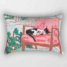 Little Naps - Tuxedo Cat Napping in a Pink Mid-Century Chair by the Window Rectangular Pillow
