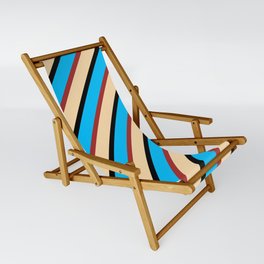 [ Thumbnail: Tan, Black, Deep Sky Blue & Brown Colored Striped Pattern Sling Chair ]