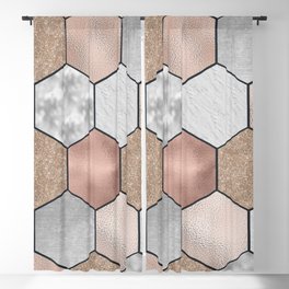 Marble hexagons and rose gold on black Blackout Curtain