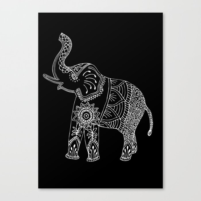 Boho Elephant Doodle in Black and White, Zentangle, Mehndi Style. Canvas Print