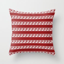 Red and white Greek wave ornament pattern Throw Pillow