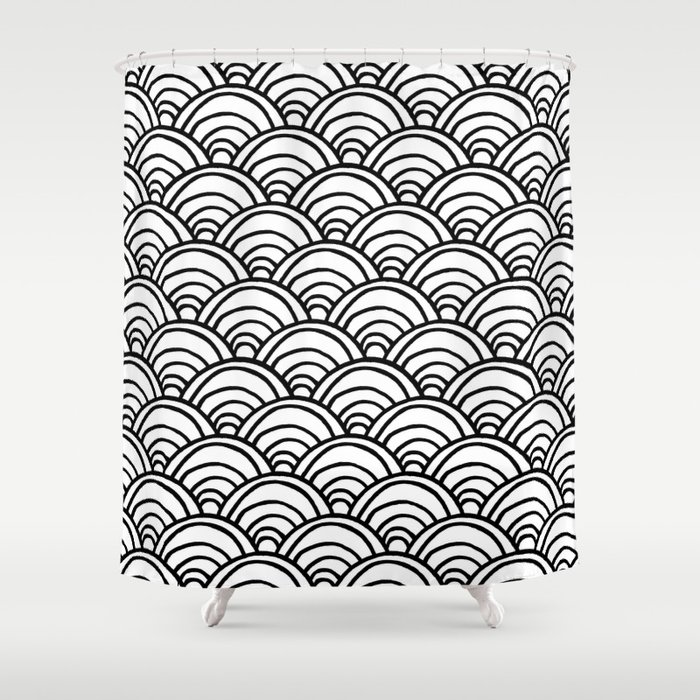 Waves All Over - Black on White Shower Curtain