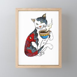 Cat Drinking Coffee With Fish Tattoo - Cat & Coffee Lovers gift idea Framed Mini Art Print