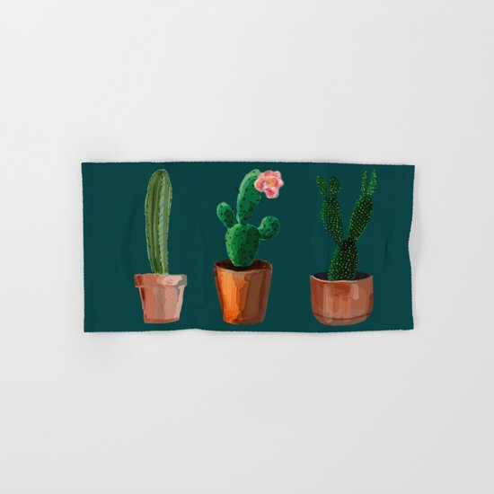 Three Cacti On Green Background Hand & Bath Towel