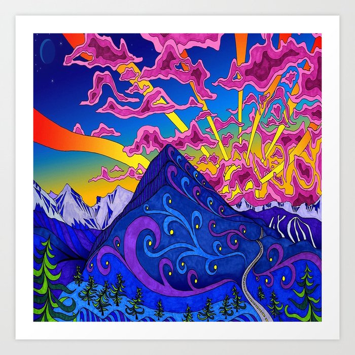 Psychedelic Colorful Lines Nature Mountain Trees Snowy Peak Moon Sun Rays Hill Road Artwork Star Sky Art Print By Nexart