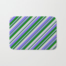 [ Thumbnail: Light Gray, Medium Slate Blue & Green Colored Lines/Stripes Pattern Bath Mat ]