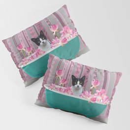 Black and White Cat in Bathtub with Lotos Flowers Pillow Sham