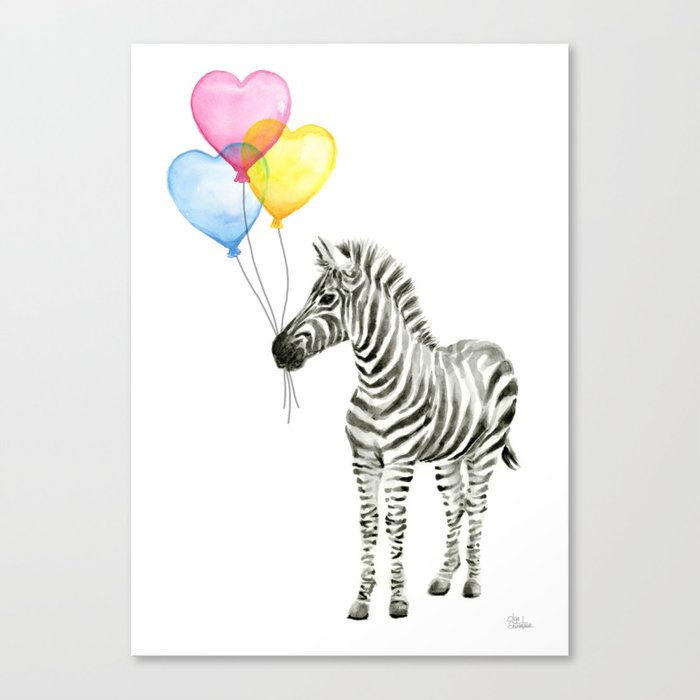 Zebra Watercolor With Heart Shaped Balloons Canvas Print