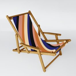 [ Thumbnail: Eye-catching Black, Dark Salmon, Chocolate, Beige, and Midnight Blue Colored Striped Pattern Sling Chair ]