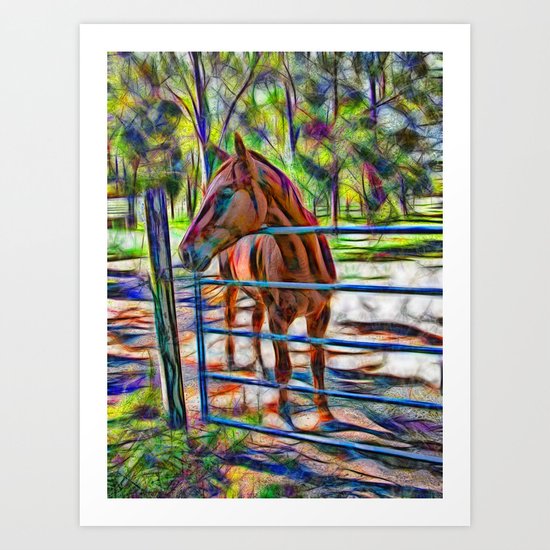 Abstract horse standing at gate Art Print