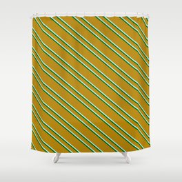 [ Thumbnail: Dark Goldenrod, Turquoise & Dark Green Colored Lines/Stripes Pattern Shower Curtain ]
