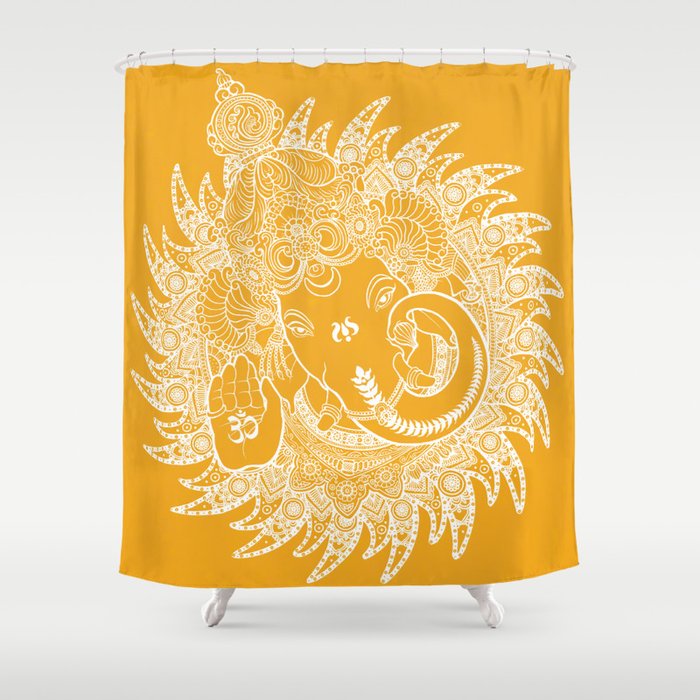 Ganesha Lineart Yellow White Shower Curtain