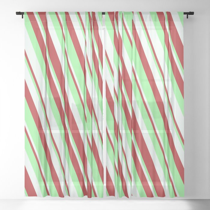 Mint Cream, Red & Green Colored Lined Pattern Sheer Curtain