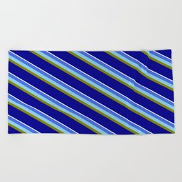 [ Thumbnail: Vibrant Royal Blue, Sky Blue, Green, Dark Blue, and White Colored Striped/Lined Pattern Beach Towel ]