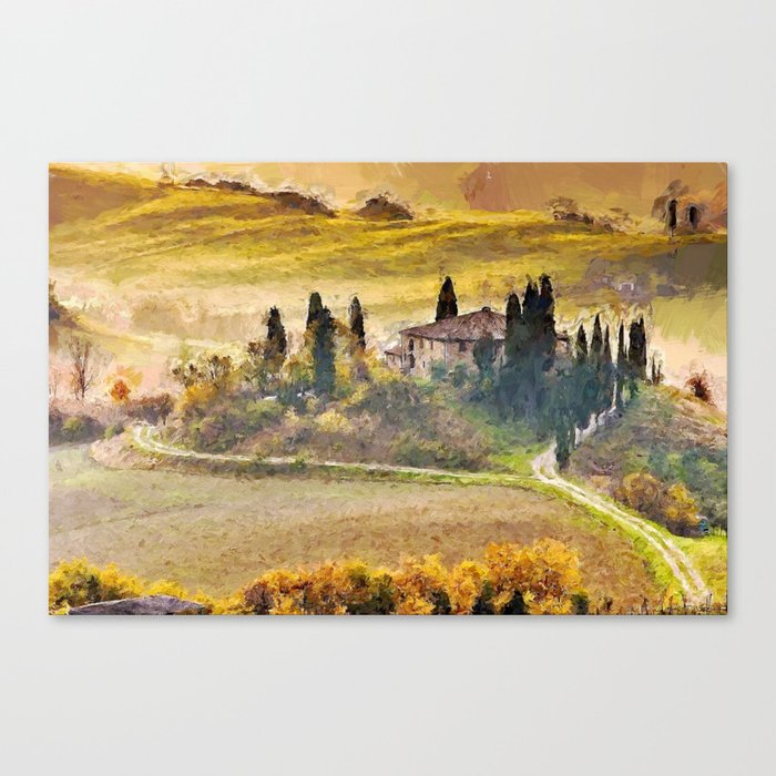 Italian Villa, Rolling Hills and Vineyards of Tuscany, Italy landscape  painting Framed Canvas by Atlantic Coast Arts and Paintings