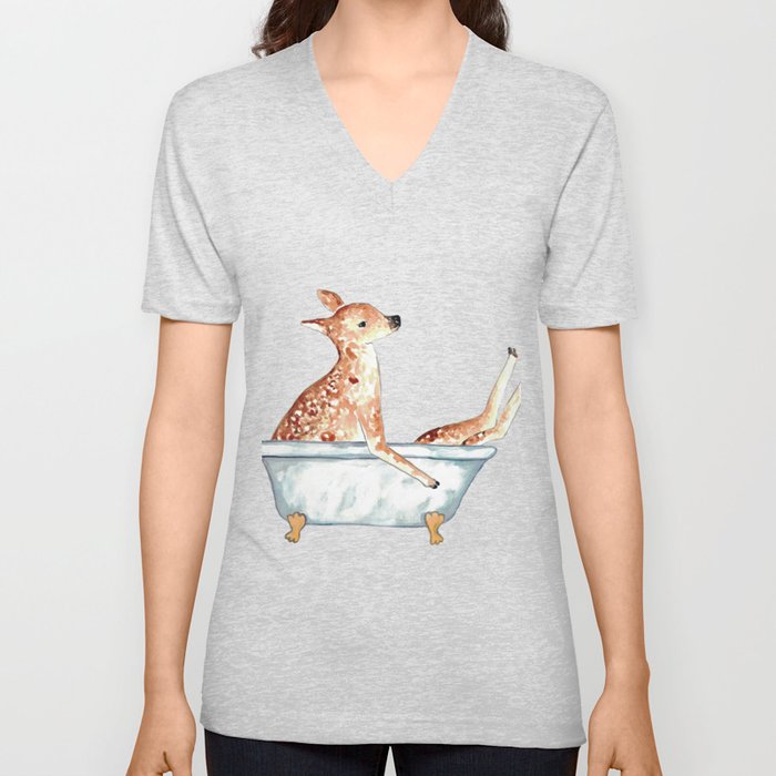 Deer taking bath watercolor painting V Neck T Shirt