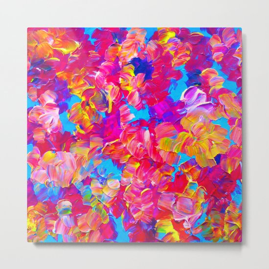 FLORAL FANTASY Bold Abstract Flowers Acrylic Textural Painting Neon Pink Turquoise Feminine Art Metal Print