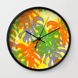 Handprinted Tropical Monstera Leaf Relief Block Print in Oil-Based Inks in Orange, Green, and Purple. Wall Clock | Katiestearns, Graphicdesign, Green, Fallingleaves, Yellow, Leaves, Purple, Patternart, Tropicalleaves, Graphic 