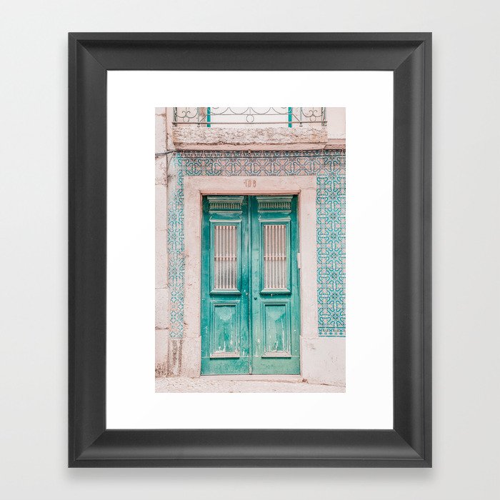 Colorful Tile Door Lisbon Portugal Teal & Blue Travel Photography Framed Art Print