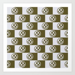 Smiley Faces On Checkerboard (Light Grey & Dark Green Khaki Colors)  Art Print
